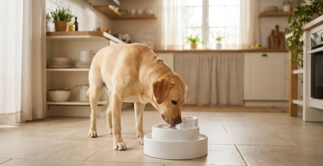 Chien de race moyenne buvant à une fontaine à eau courante posée sur le sol d'une cuisine lumineuse
