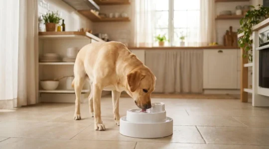 Chien de race moyenne buvant à une fontaine à eau courante posée sur le sol d'une cuisine lumineuse