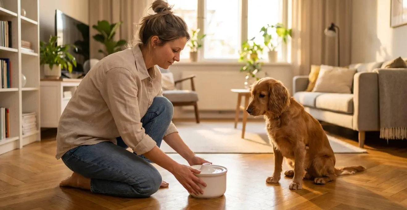 Propriétaire posant une fontaine à eau pour chien dans un salon, l'animal observant à proximité