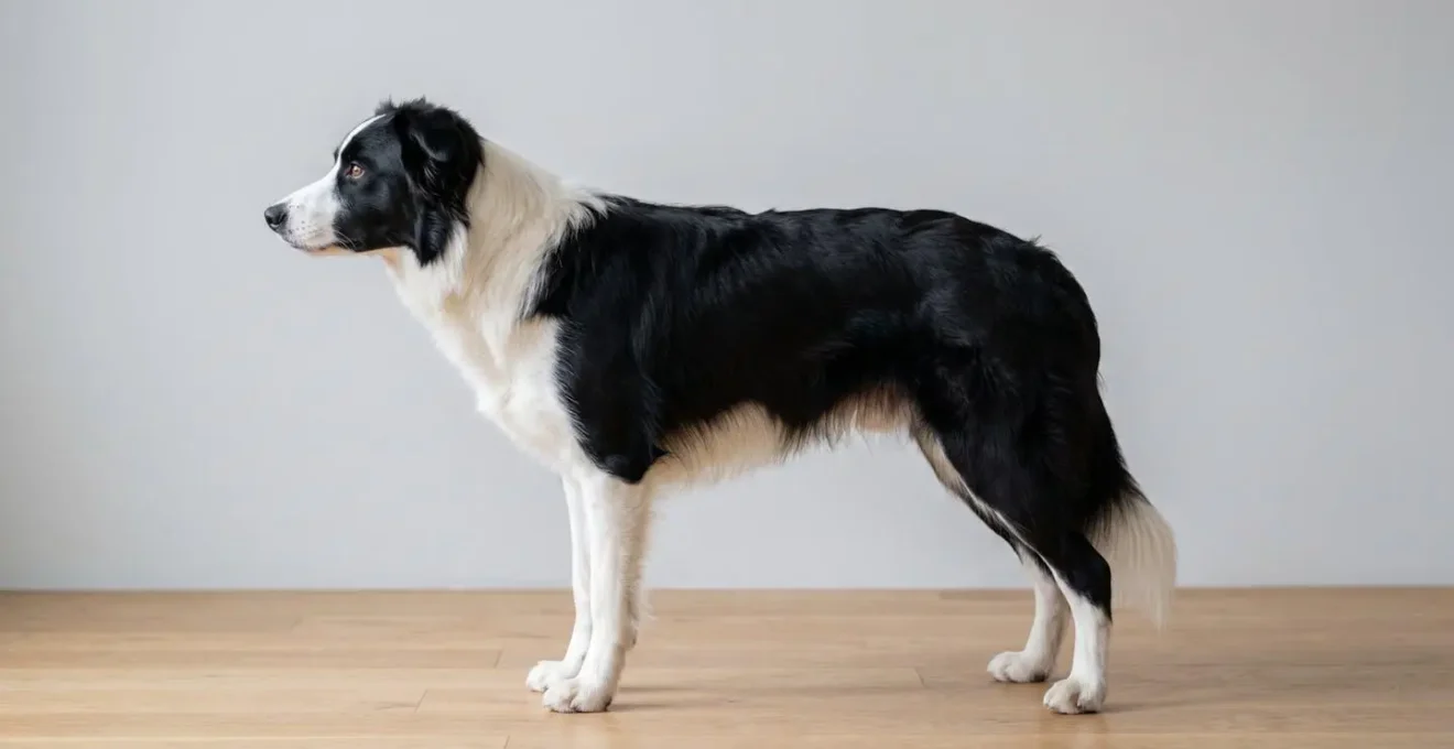Border Collie en position debout de profil montrant les proportions corporelles typiques d'un chien de taille moyenne