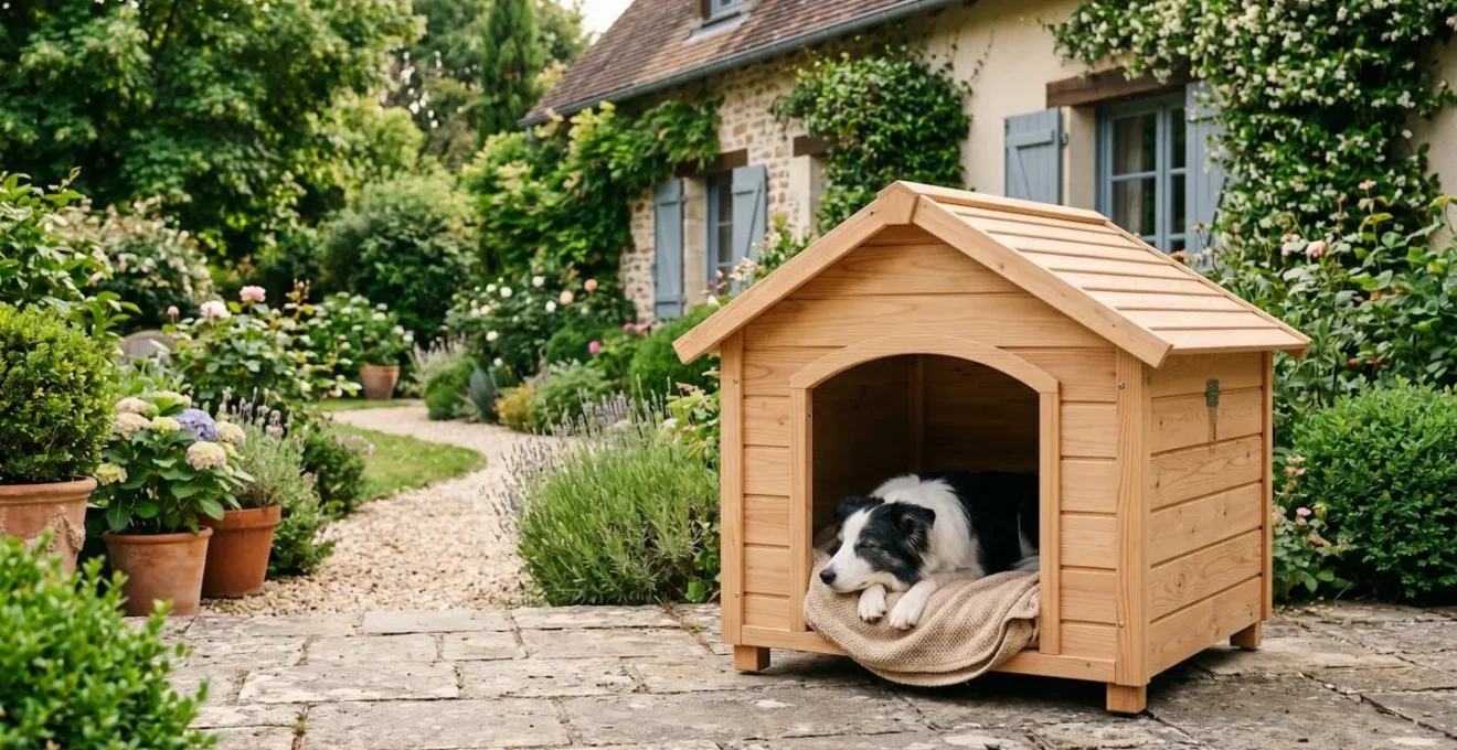 Chien de race moyenne se reposant à l'entrée d'une niche en bois surélevée dans un jardin résidentiel français avec terrasse pavée en arrière-plan