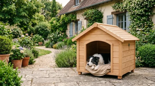 Chien de race moyenne se reposant à l'entrée d'une niche en bois surélevée dans un jardin résidentiel français avec terrasse pavée en arrière-plan