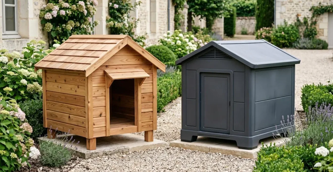 Comparaison de deux niches pour chien moyen, une en bois naturel et une en plastique résine, installées dans un jardin