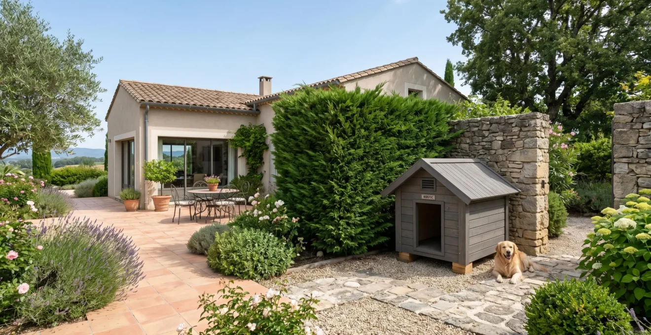Vue d'ensemble d'un jardin résidentiel français montrant une niche pour chien positionnée stratégiquement avec protection et orientation optimales